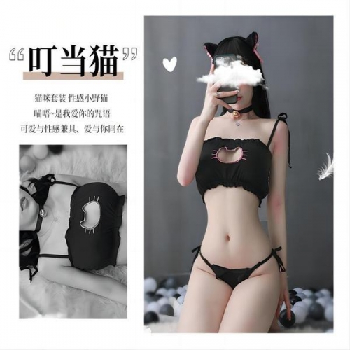 史黛絲 三點式貓女露乳情趣內(nèi)衣套裝 黑白
